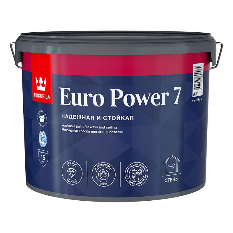 Краска моющаяся для стен и потолка Tikkurila Euro Power 7 матовая, база A 9л